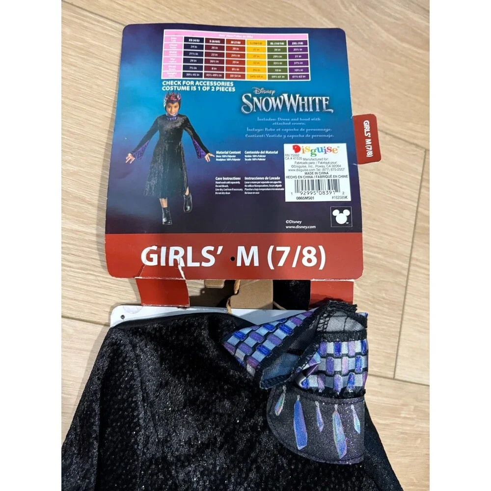 Disney Snow White Evil Queen Costume Girls M 7/8 Black Dress Hood Disguise